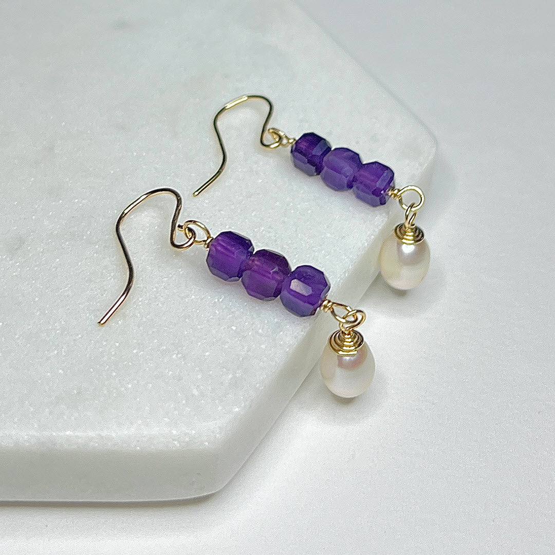 Amethyst Stacked Cube Earrings With Pearls, 14K Gold Fill
