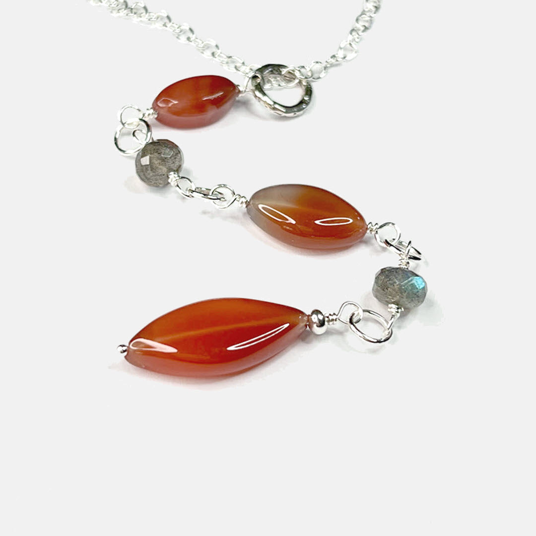 Labradorite and Botswana Agate Marquise Pendant Necklace, Sterling