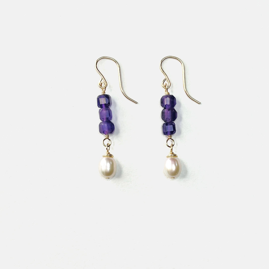 Amethyst Stacked Cube Earrings With Pearls, 14K Gold Fill