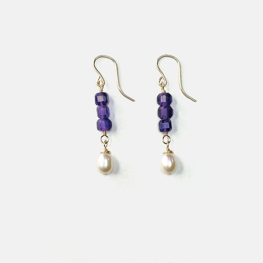 Amethyst Stacked Cube Earrings With Pearls, 14K Gold Fill