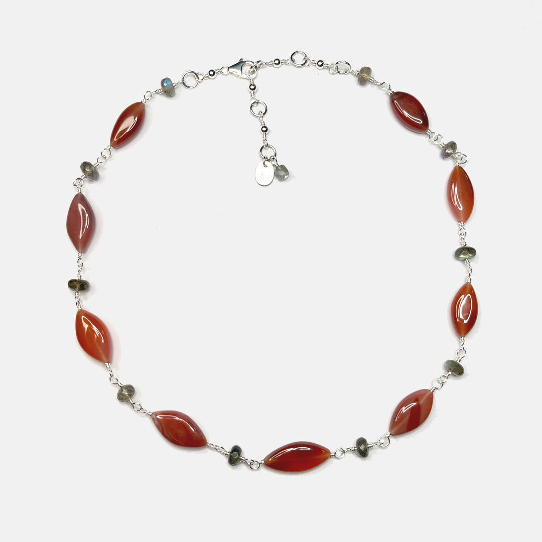 Labradorite and Botswana Agate Marquise Necklace, Sterling