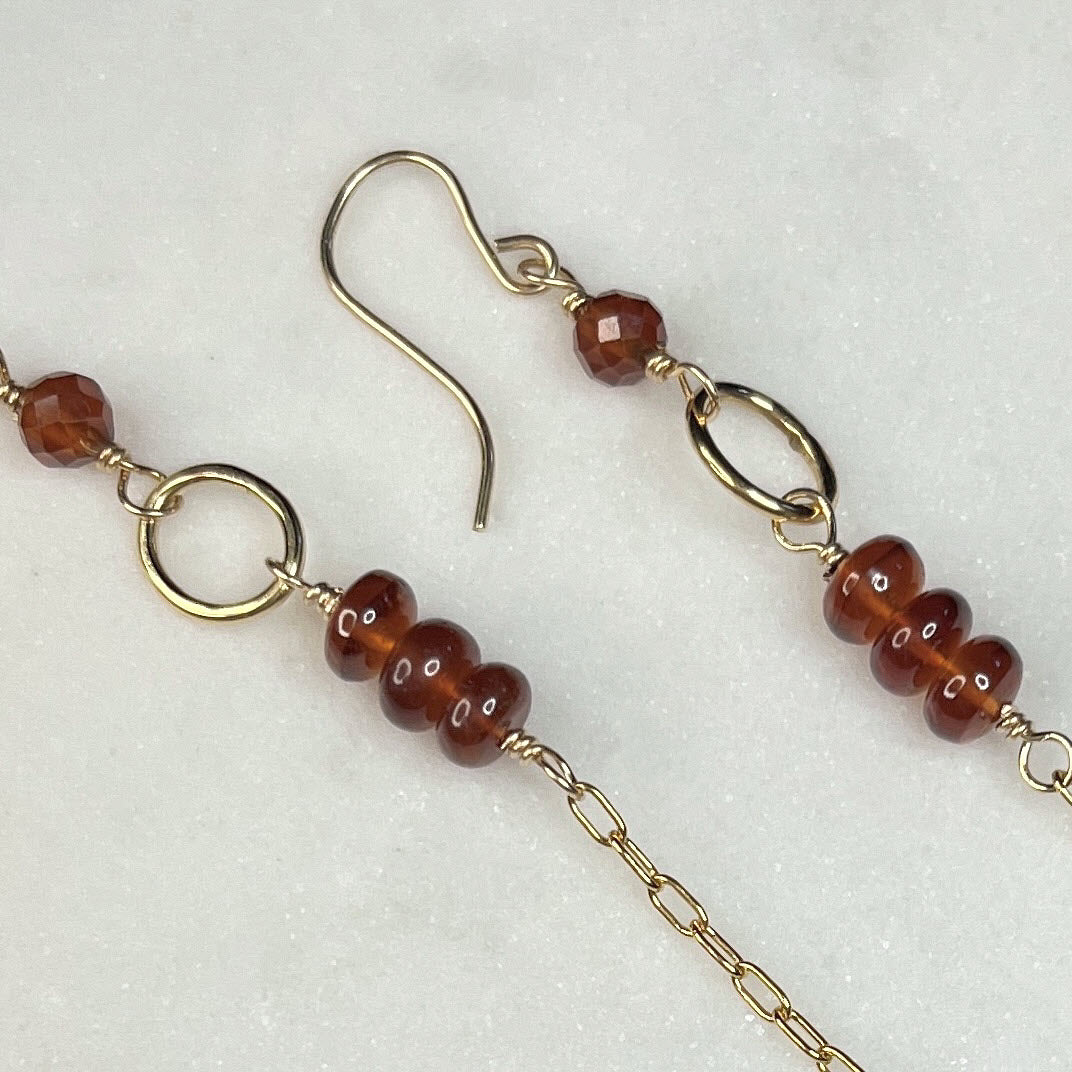 Hessonite Garnet Stack and Lapis Cube Long Dangle Earrings, 14K Gold Fill