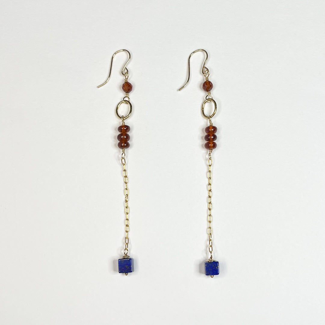 Hessonite Garnet Stack and Lapis Cube Long Dangle Earrings, 14K Gold Fill