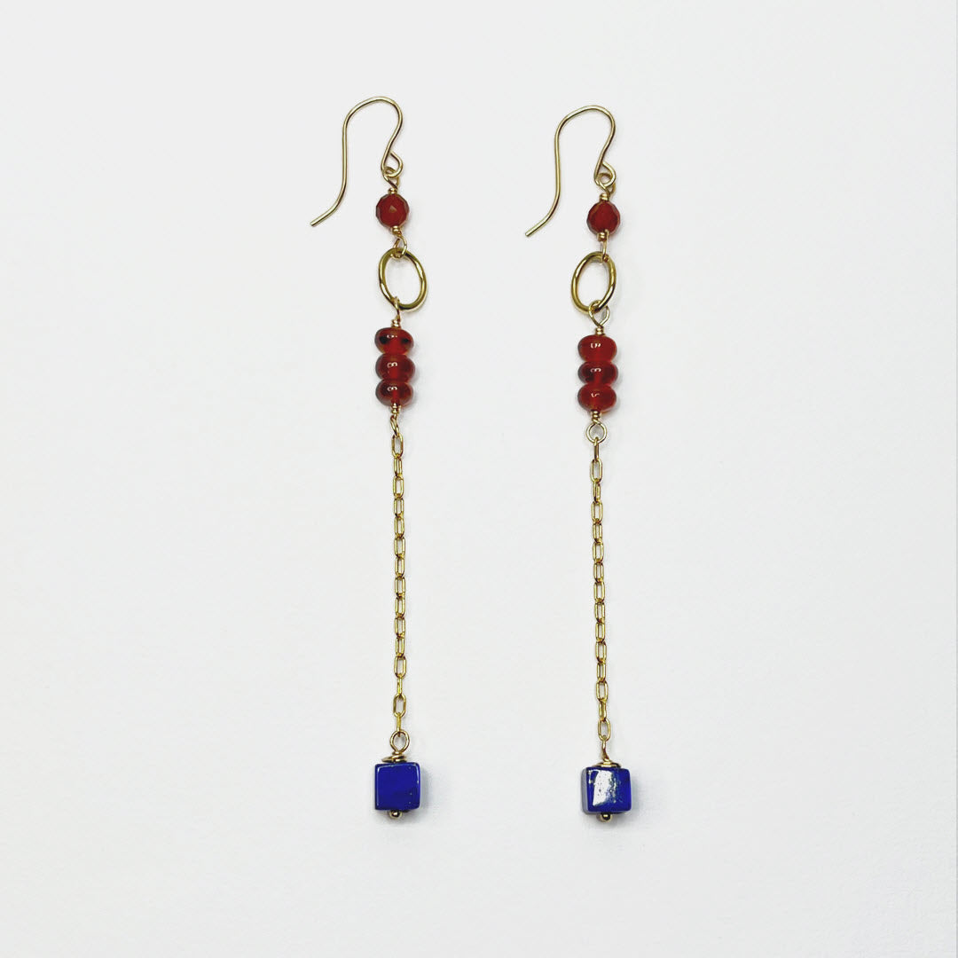 Hessonite Garnet Stack and Lapis Cube Long Dangle Earrings, 14K Gold Fill