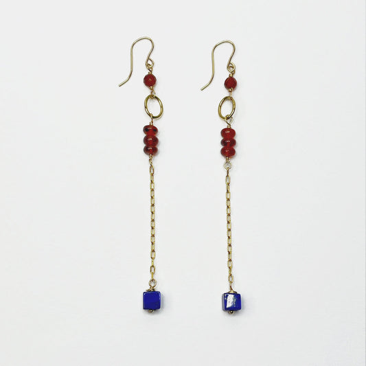 Hessonite Garnet Stack and Lapis Cube Long Dangle Earrings, 14K Gold Fill