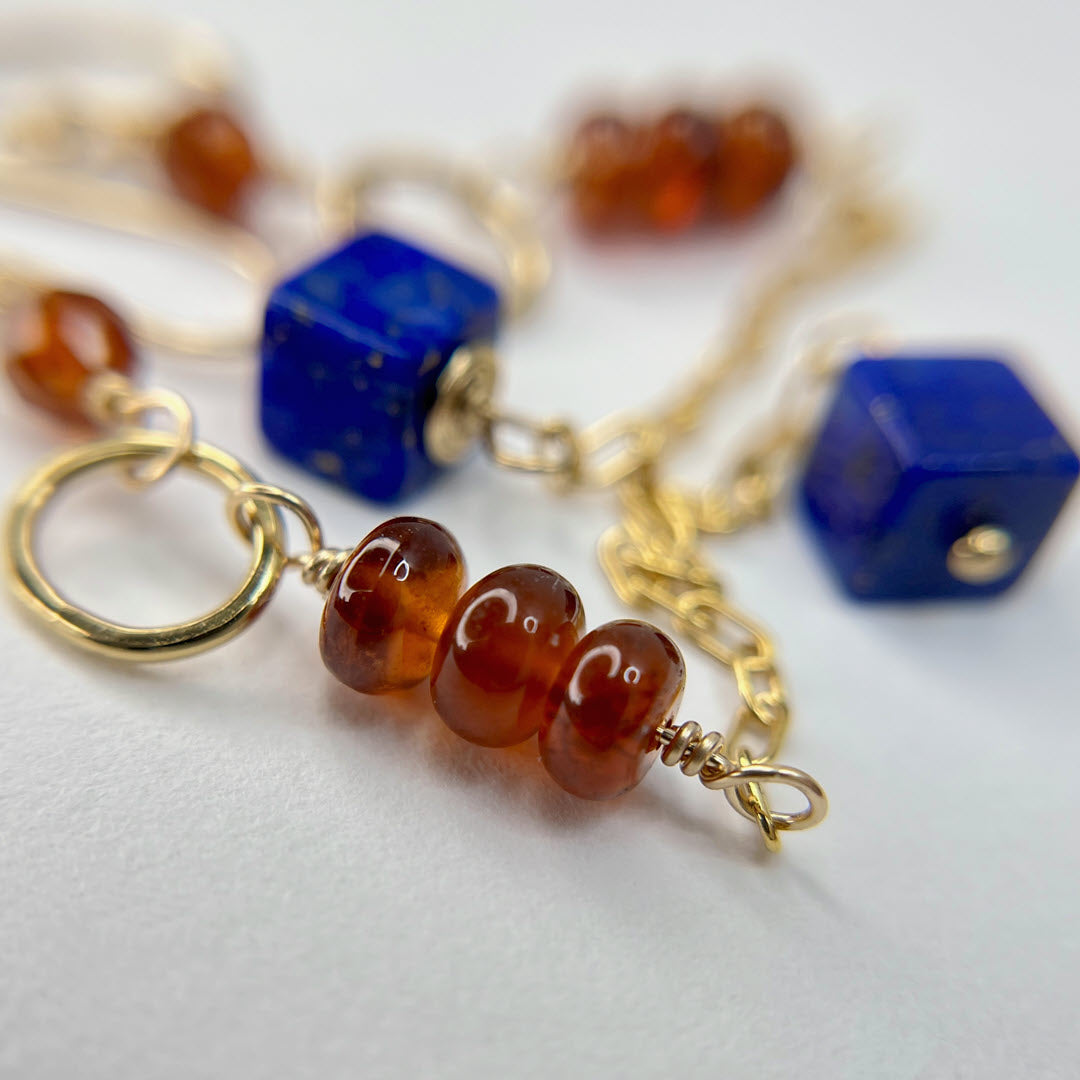 Hessonite Garnet Stack and Lapis Cube Long Dangle Earrings, 14K Gold Fill