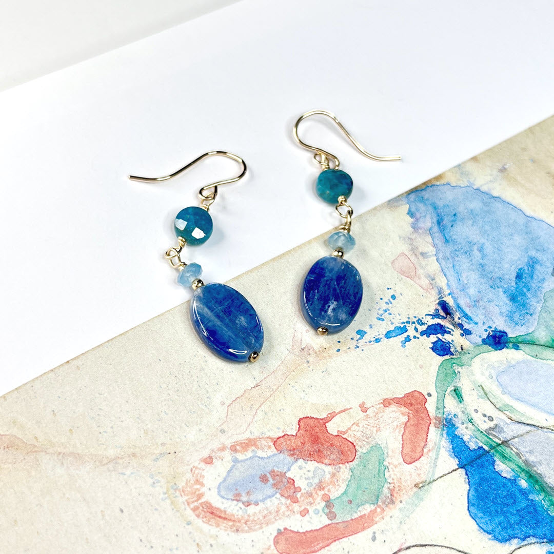 Apatite, Aquamarine and Kyanite Dangle Earrings, 14K Gold Fill