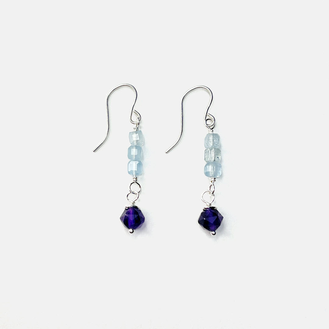 Aquamarine Stacked Cube Earrings With Amethyst, Sterling Silver