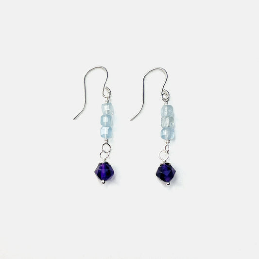 Aquamarine Stacked Cube Earrings With Amethyst, Sterling Silver