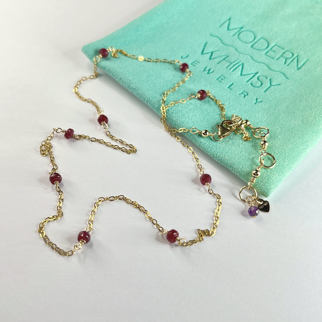 Ruby 9-Stone Station Necklace, 14K Gold Fill