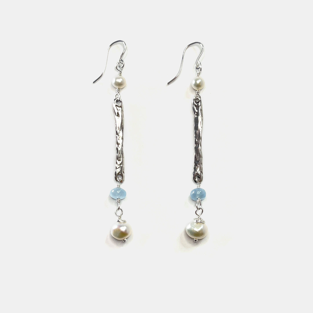 Pearl and Aquamarine Long Dangle Earrings, Sterling