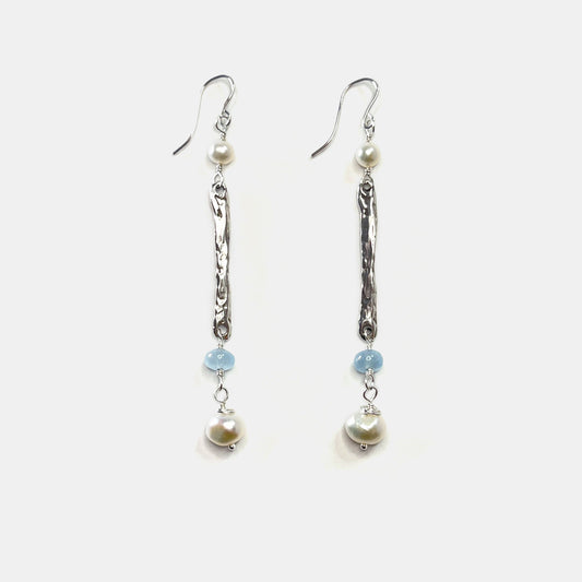 Pearl and Aquamarine Long Dangle Earrings, Sterling