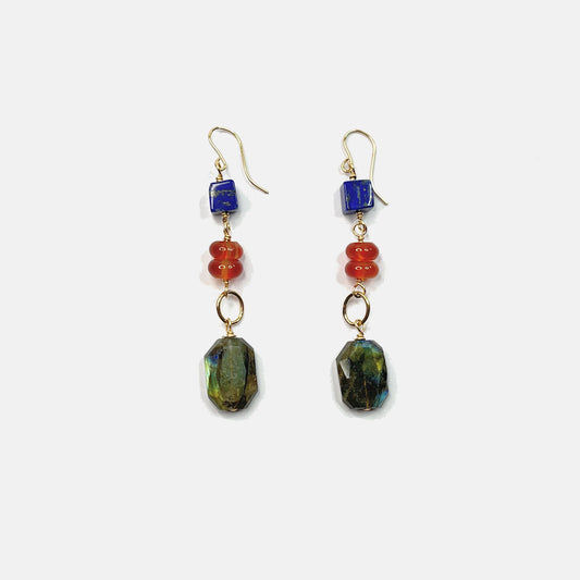 Lapis, Carnelian and Labradorite Slab Dangle Earrings, 14K Gold Fill