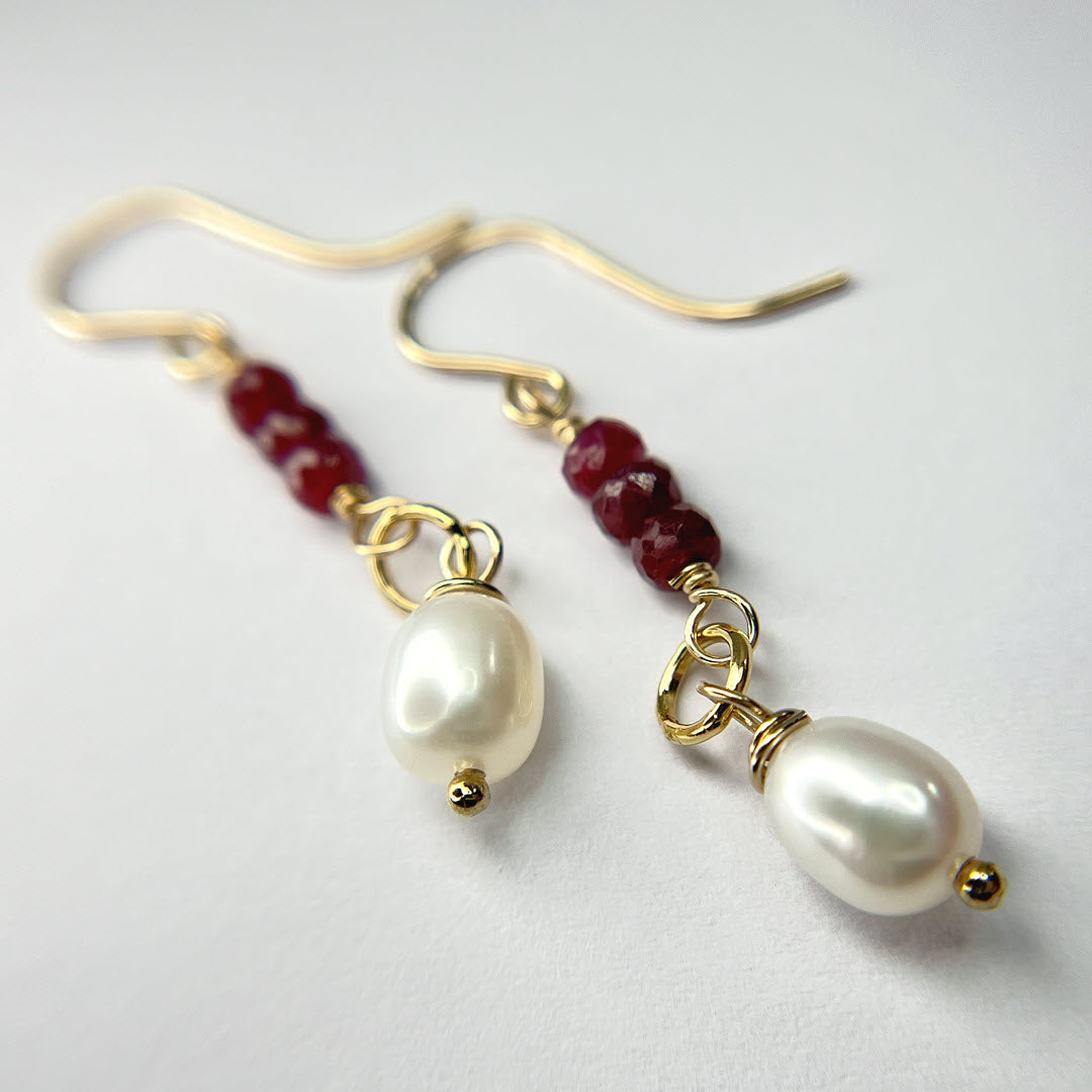 Petite Ruby Trio and Pearl Drop Earrings, 14K Gold Fill