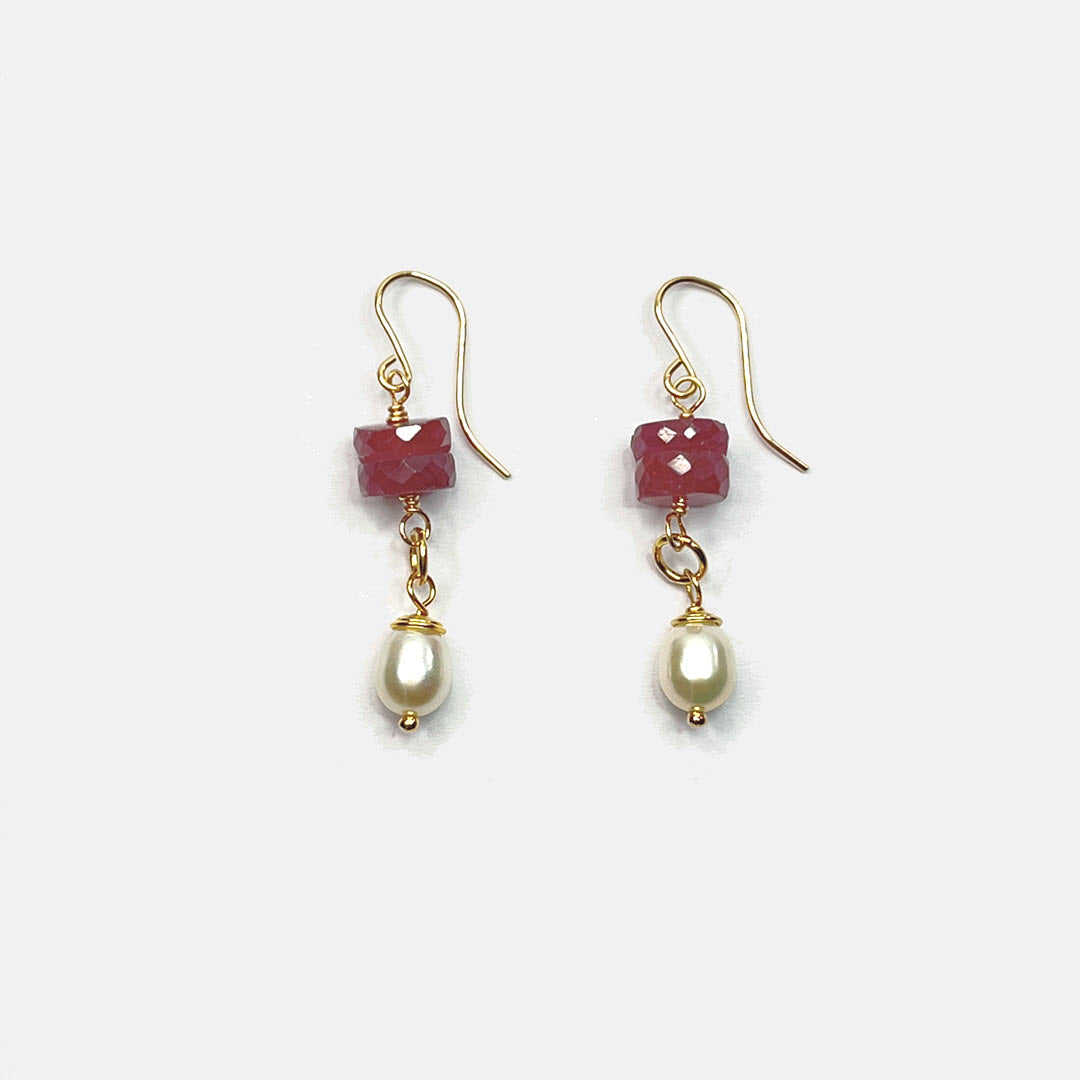Ruby Tyre and Pearl Drop Earrings, 14K Gold Fill