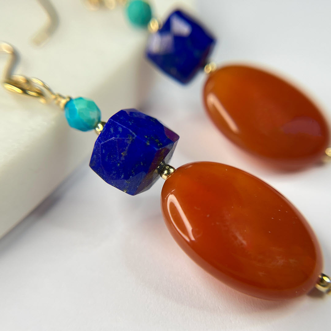 Hubei Turquoise, Lapis Cube and Carnelian Oval Earrings, 14K Gold Fill