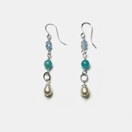 Aquamarine, Amazonite and Pearl Dangles With Link, Sterling