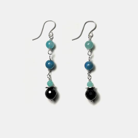 Amazonite, Neon Apatite and Black Tourmaline Triple Drop Dangle, Sterling