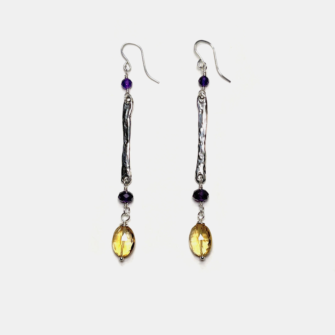 Amethyst and Citrine Long Dangle Earrings, Sterling