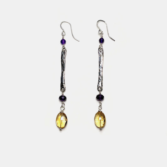 Amethyst and Citrine Long Dangle Earrings, Sterling