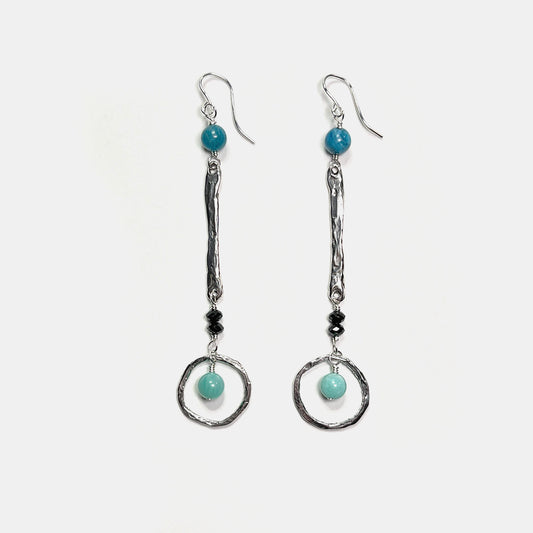 Gemstone Stick and Circle Long Party Dangles, Neon Apatite, Sterling