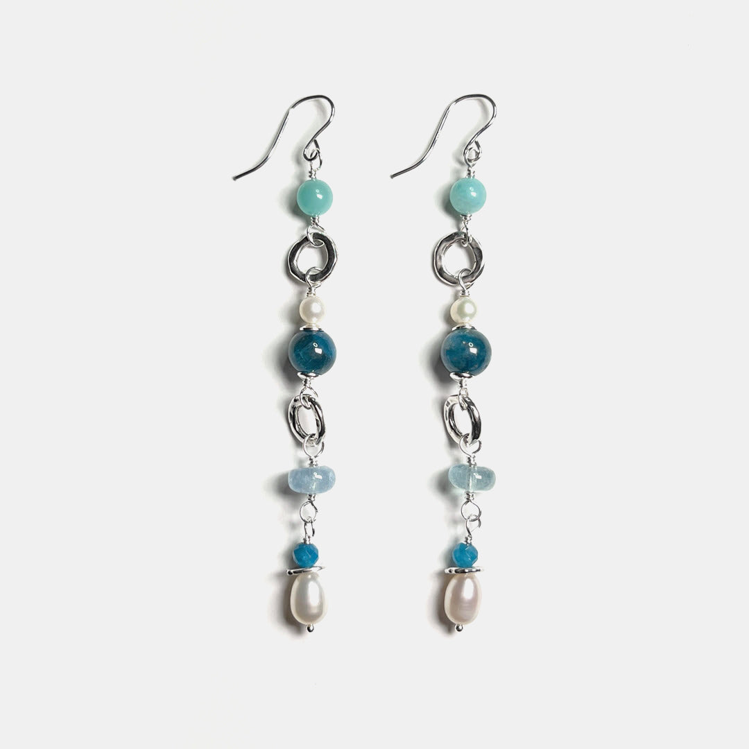 Amazonite, Aquamarine, Apatite and Pearl Long Party Dangles