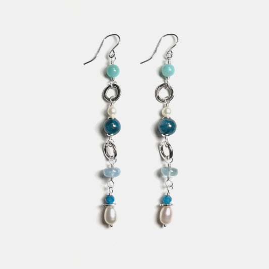 Amazonite, Aquamarine, Apatite and Pearl Long Party Dangles