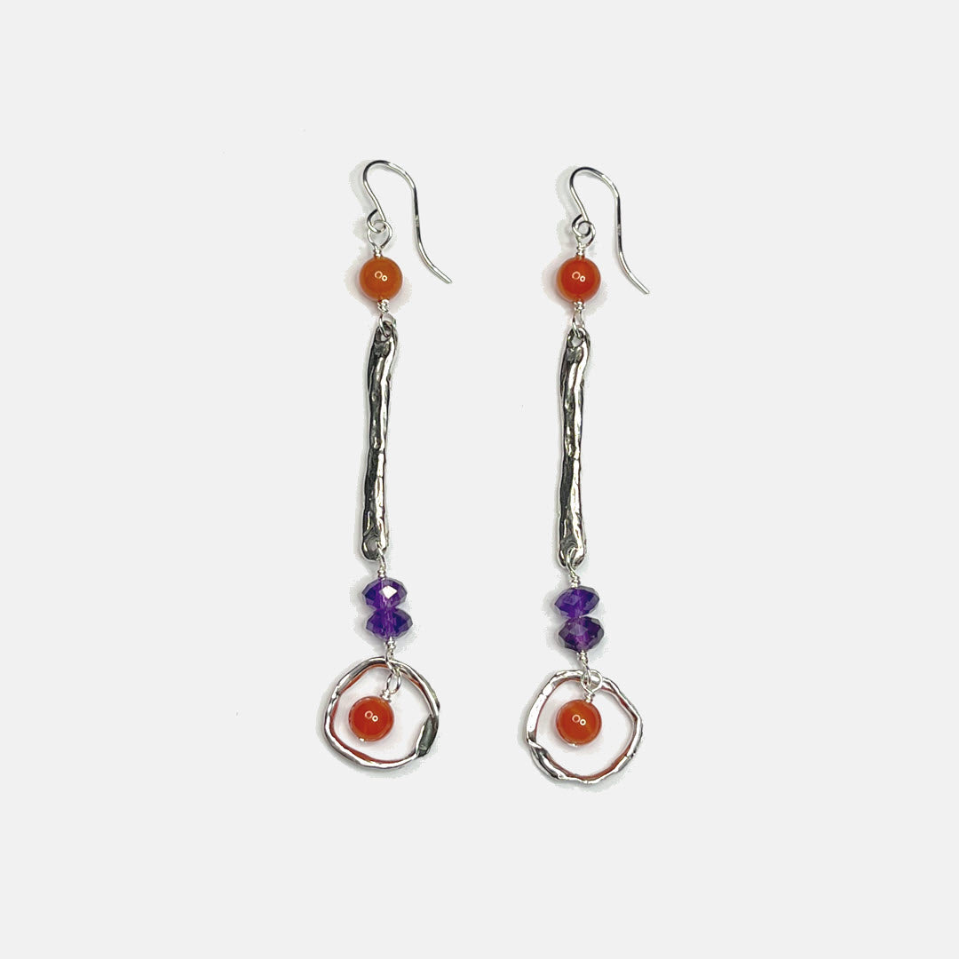 Carnelian and Amethyst Sterling Circle Long Dangle Earrings, Sterling