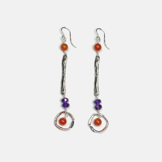 Carnelian and Amethyst Sterling Circle Long Dangle Earrings, Sterling