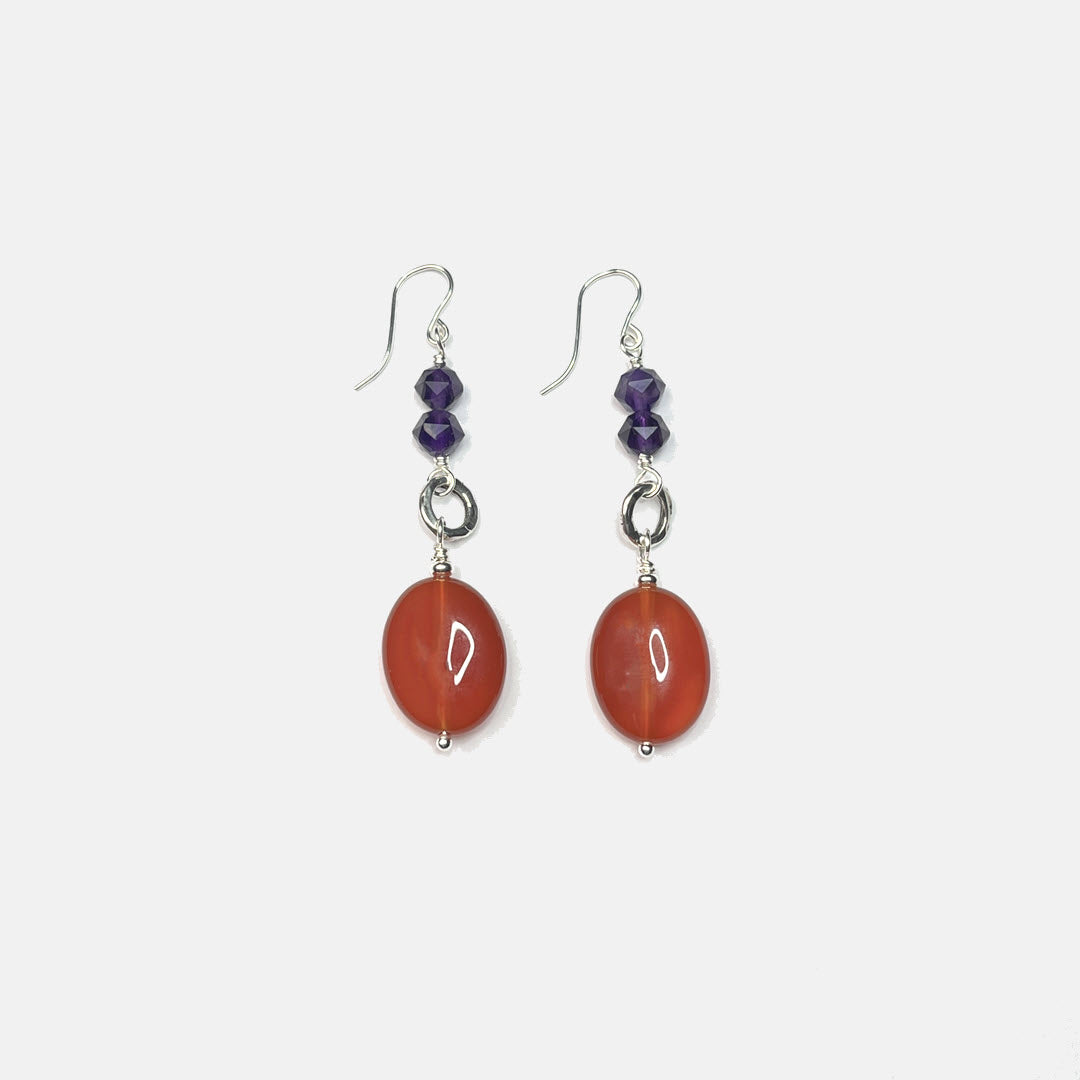 Star-Cut Amethyst and Carnelian Oval Drop Earrings, Sterling