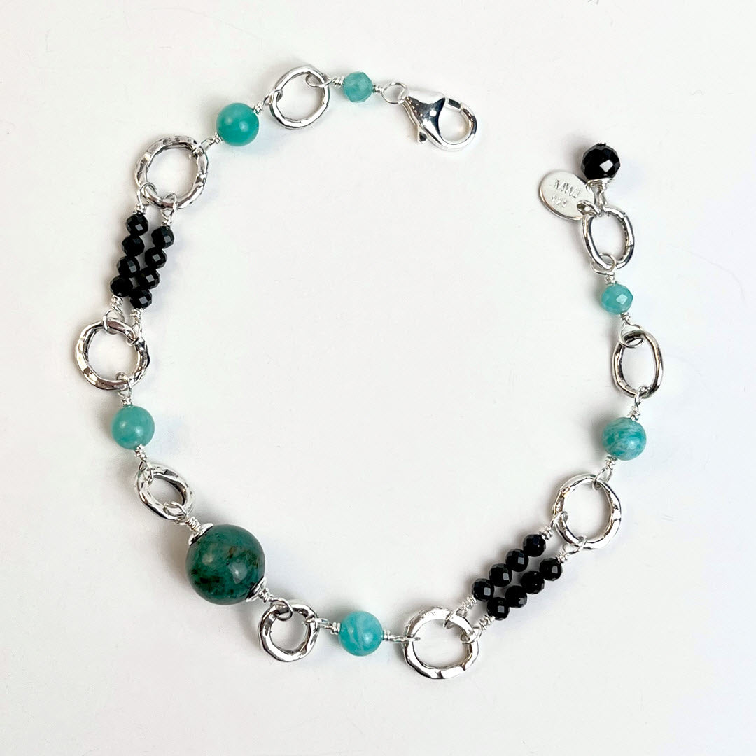 Black Spinel Double Row Bracelet With Amazonite and Chrysocolla, Sterling