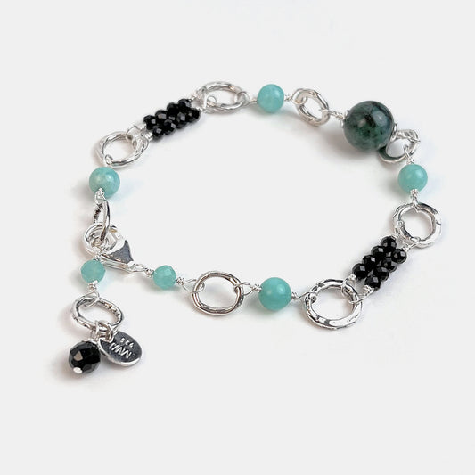 Black Spinel Double Row Bracelet With Amazonite and Chrysocolla, Sterling