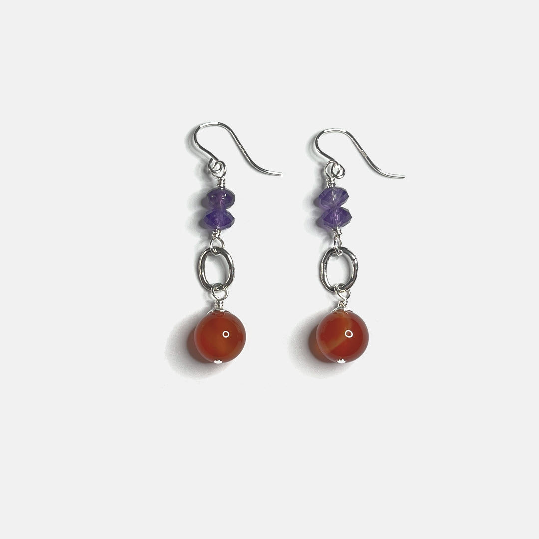 Faceted Amethyst and Carnelian Round Drop Earrings, Sterling