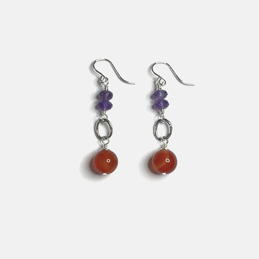 Faceted Amethyst and Carnelian Round Drop Earrings, Sterling