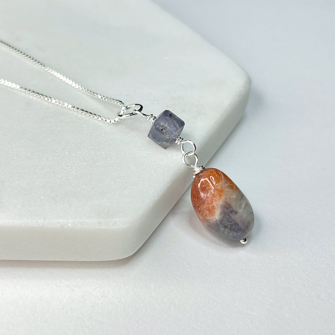 Iolite Cube and Iolite-Sunstone Pendant, Sterling