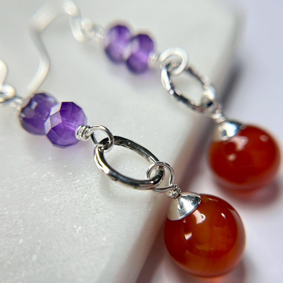 Faceted Amethyst and Carnelian Round Drop Earrings, Sterling