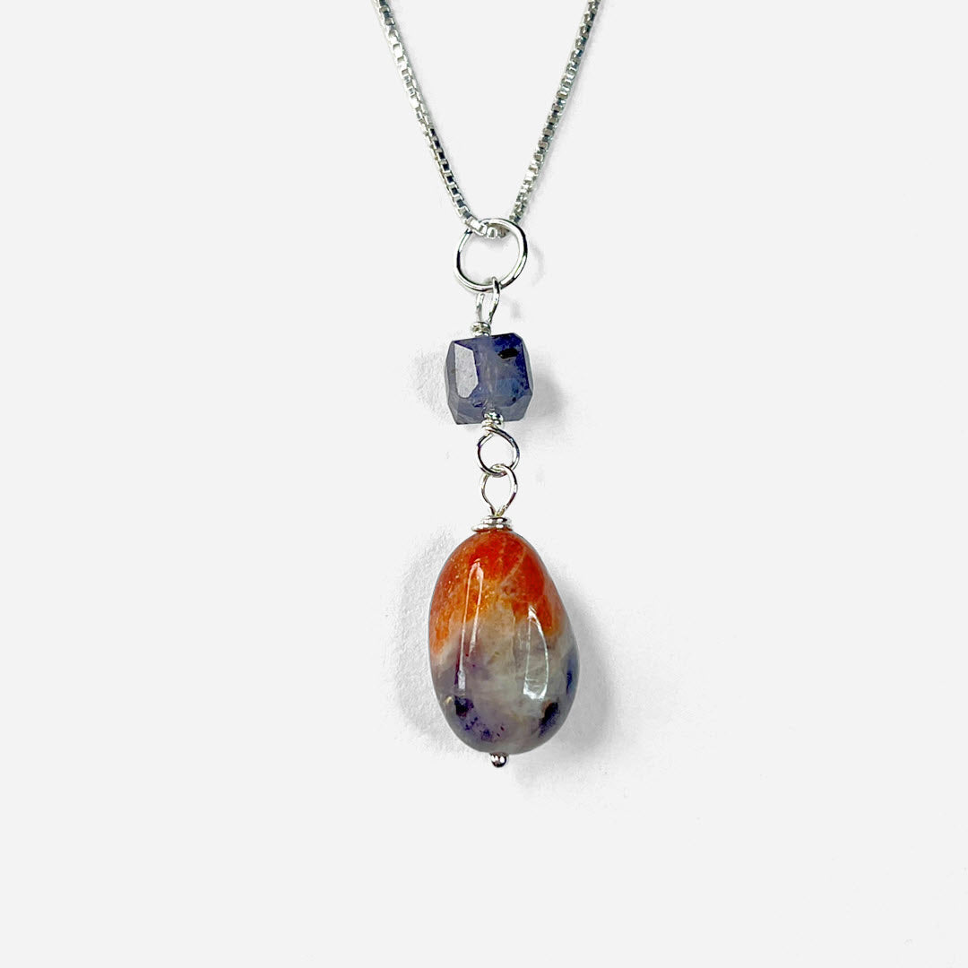 Iolite Cube and Iolite-Sunstone Pendant, Sterling
