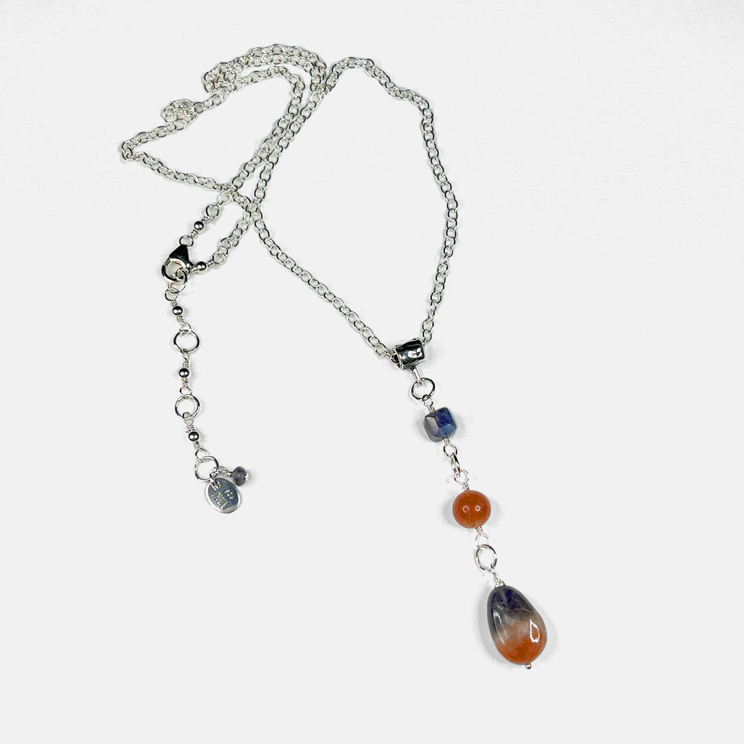 Iolite and Sunstone Triple Drop Pendant Necklace, Sterling Cable Chain