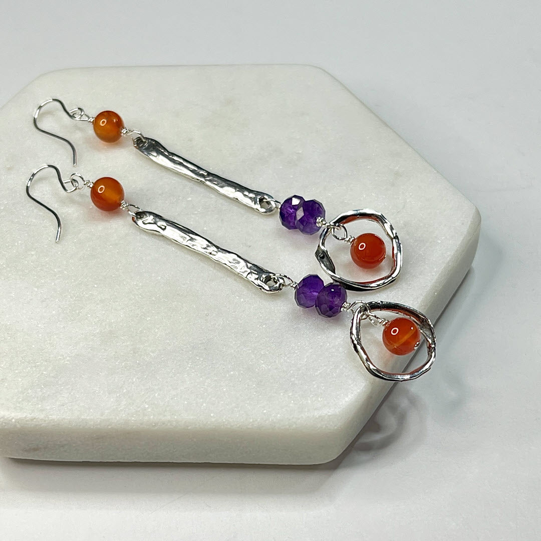 Carnelian and Amethyst Sterling Circle Long Dangle Earrings, Sterling