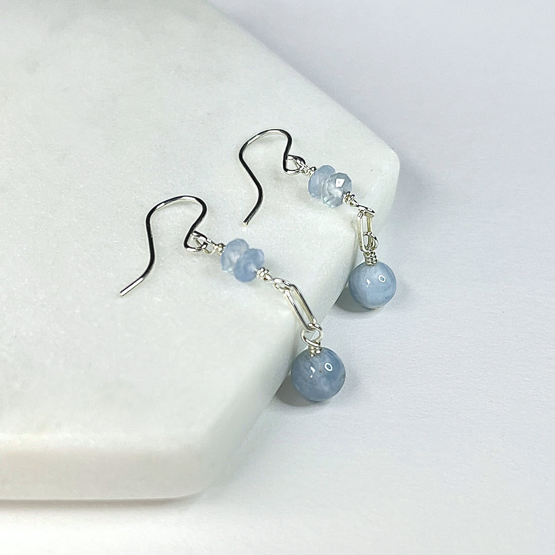 Aquamarine Mixed Shaped Dangle Earring With Paperclip Link, Sterling