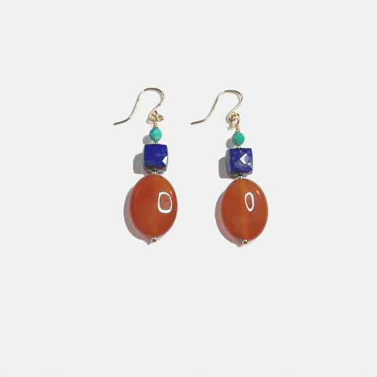 Hubei Turquoise, Lapis Cube and Carnelian Oval Earrings, 14K Gold Fill
