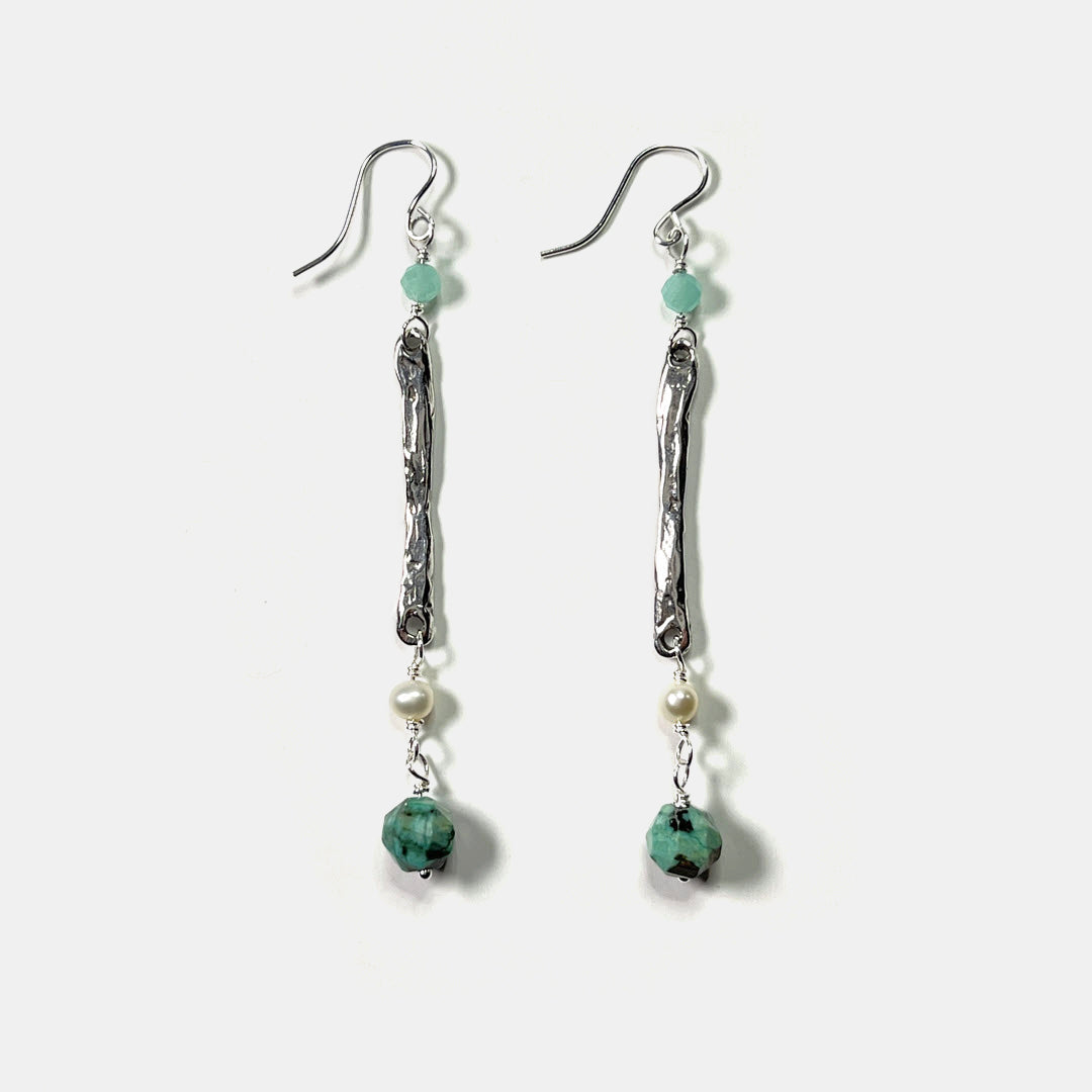 Amazonite, Pearl and African Turquoise Long Dangle Earrings, Sterling