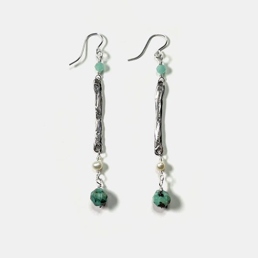 Amazonite, Pearl and African Turquoise Long Dangle Earrings, Sterling