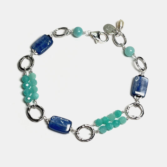 Amazonite Double Row Bracelet With Kyanite, Sterling