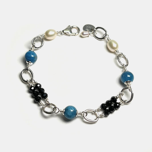 Black Spinel Double Row Bracelet With Neon Apatite, Sterling