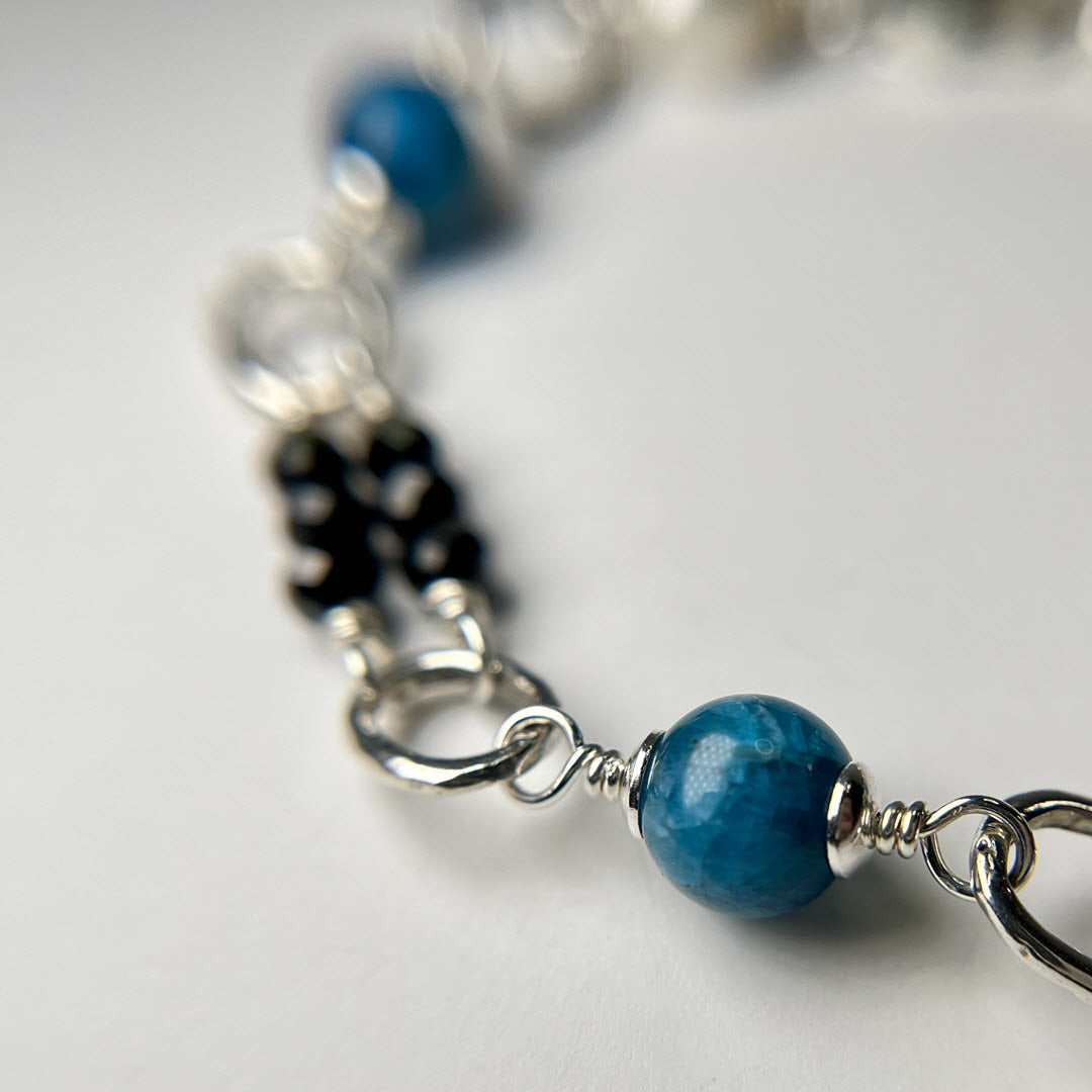 Black Spinel Double Row Bracelet With Neon Apatite, Sterling