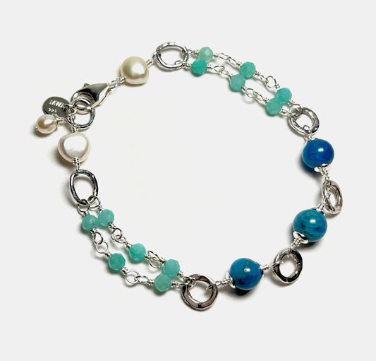 Amazonite Open Double Row Bracelet With Neon Apatite, Nugget Pearls, Sterling