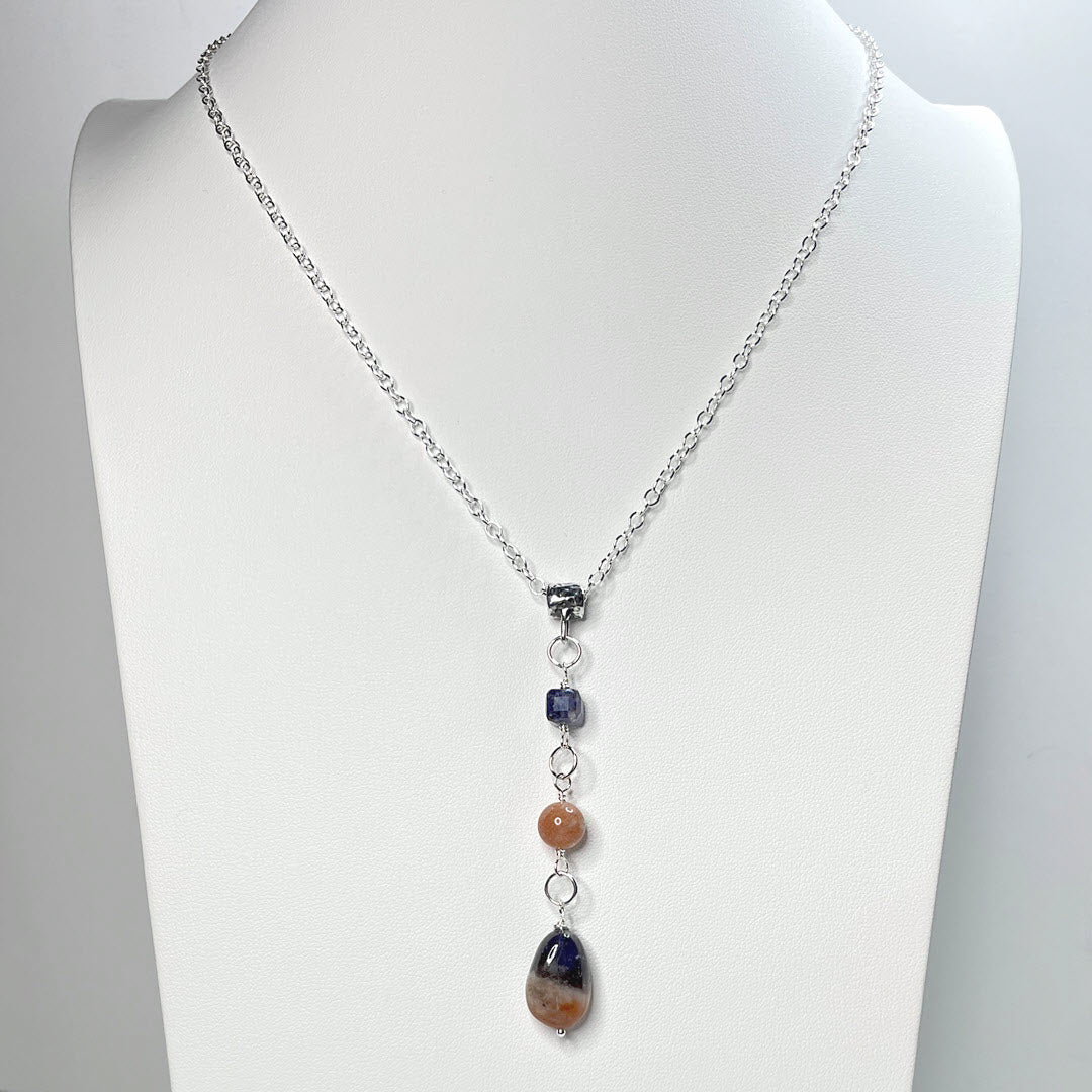 Iolite and Sunstone Triple Drop Pendant Necklace, Sterling Cable Chain
