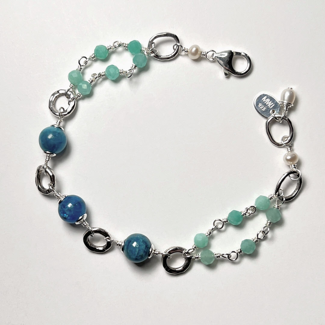 Amazonite Open Double Row Bracelet With Neon Apatite, Pearls, Sterling