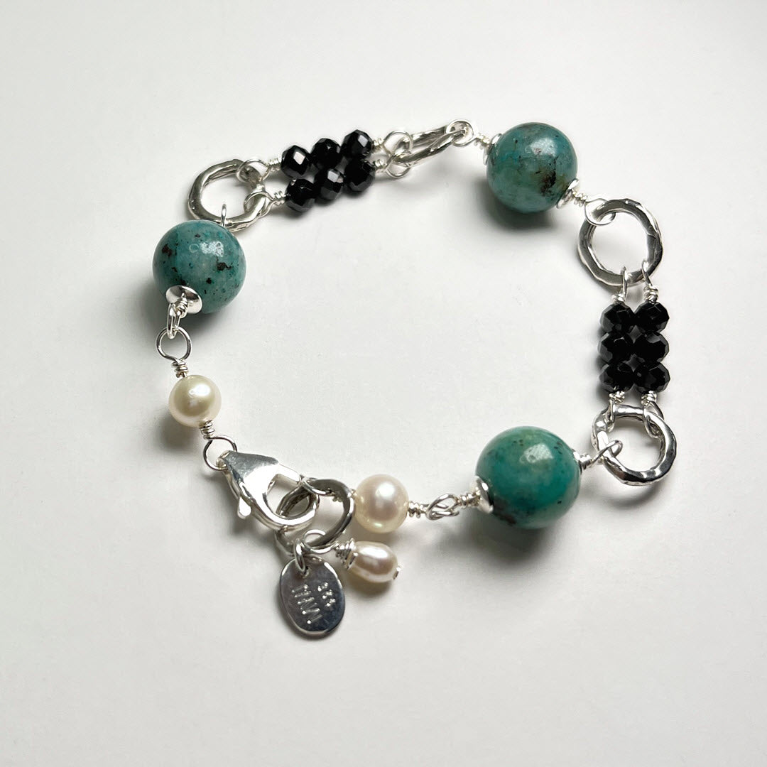 Black Spinel Double Row Bracelet With Chrysocolla, Sterling